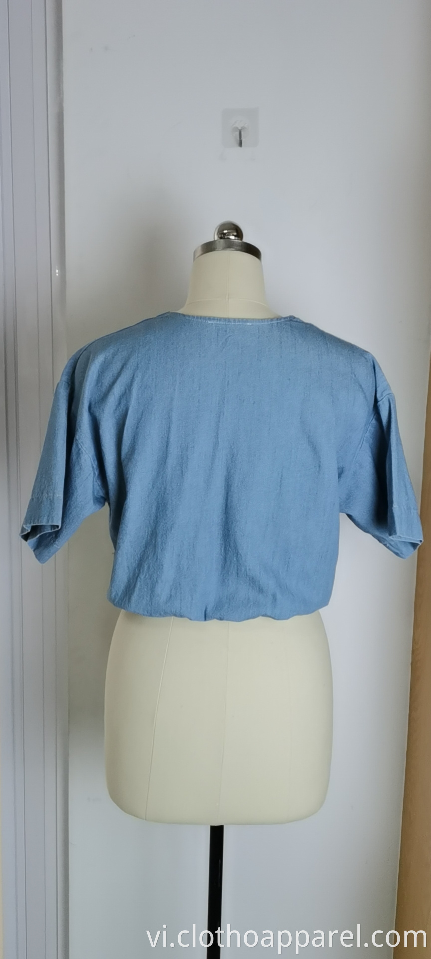 Women's V-Neck Blue Open Navel Short Sleeve Top